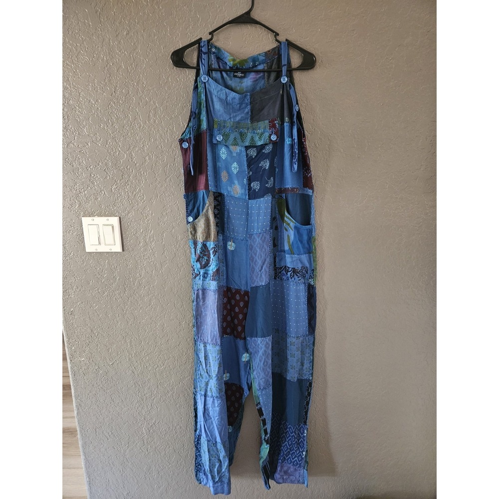 Advance Apparels Blue Patchwork Harem Jumpsuit Boho Hippie Festival Overalls L/X